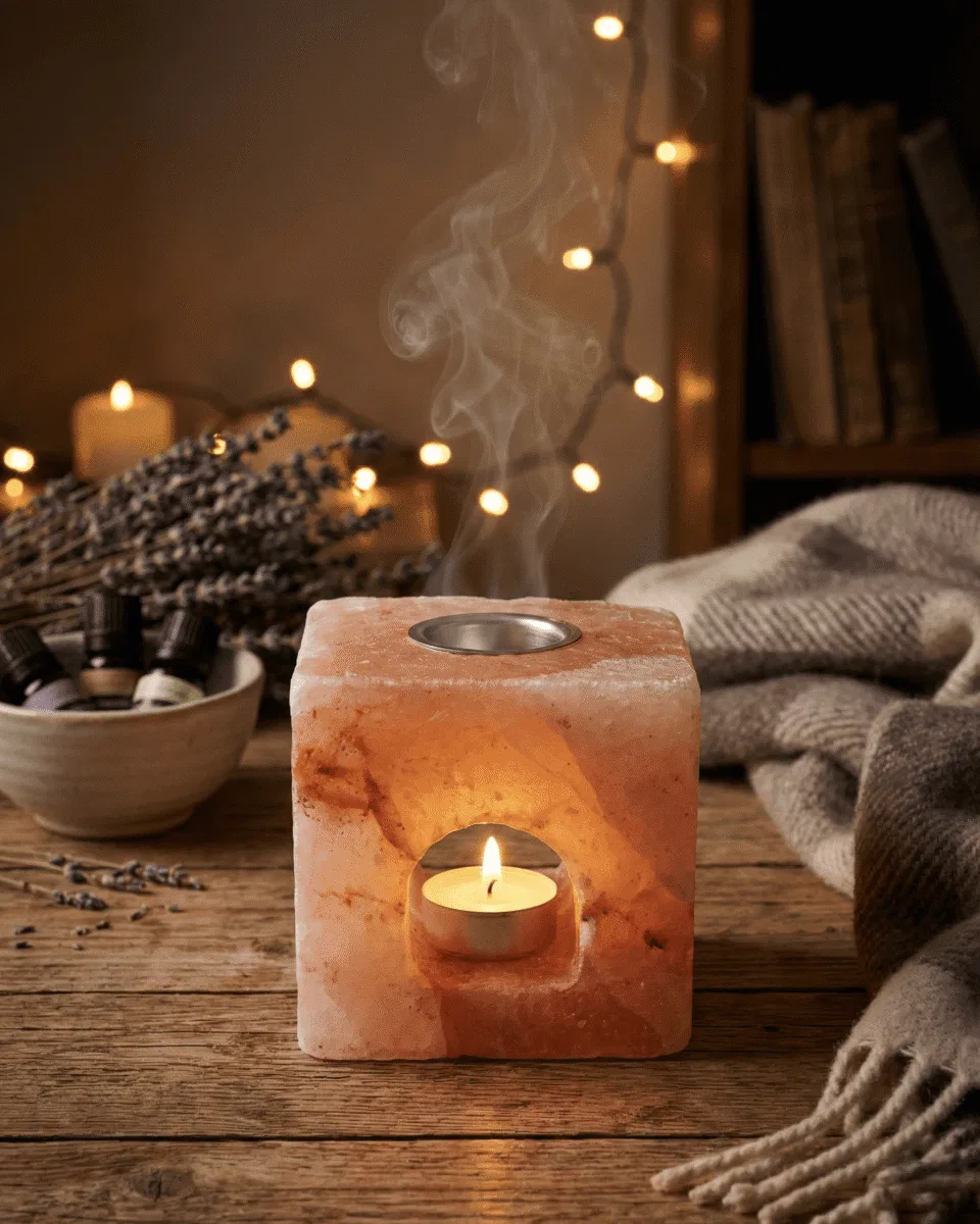 Kocka alakú Himalája sómécses aroma diffúzor égő teamécsessel, tetején párologtató kialakítással