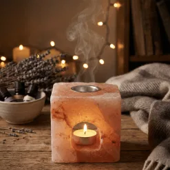 Kocka alakú Himalája sómécses aroma diffúzor égő teamécsessel, tetején párologtató kialakítással